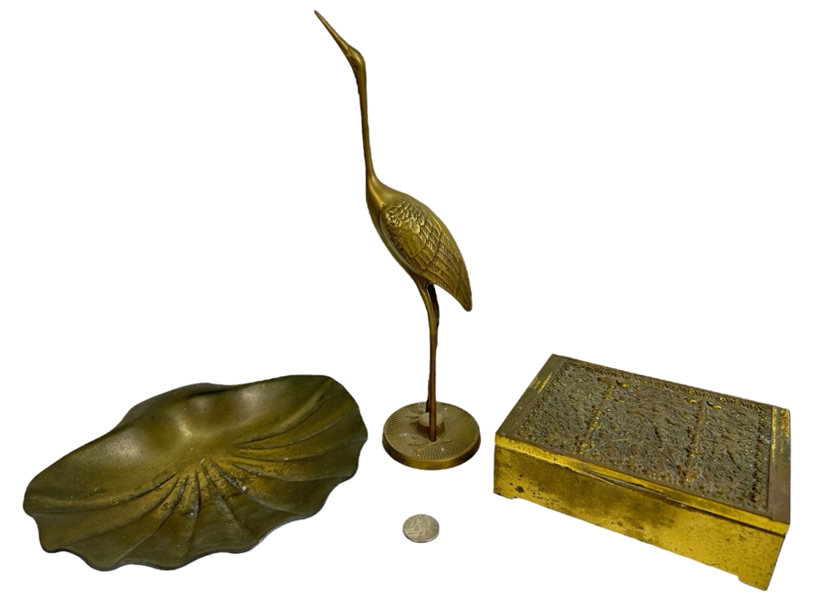 Vintage Brass Items: Solid Brass Seashell Dish, Brass Egret Bird Figurine 12H And Repousse Brass Cherub Box [Photo 1]