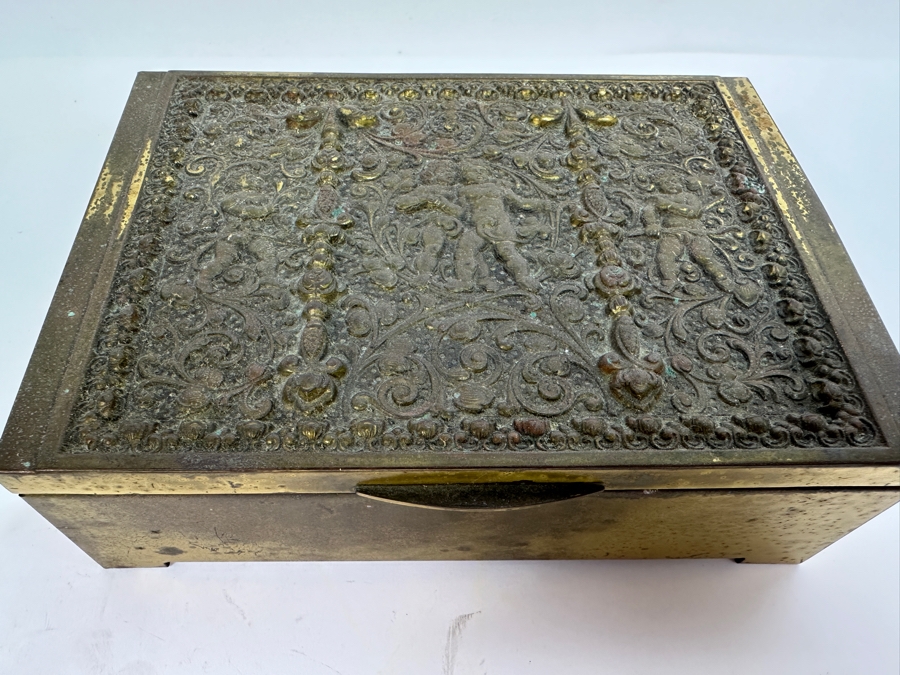 Vintage Brass Items: Solid Brass Seashell Dish, Brass Egret Bird Figurine 12H And Repousse Brass Cherub Box [Photo 6]