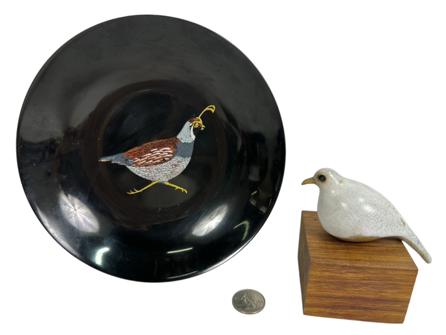 Art Pottery Bird Figurine On Wooden Base And Couroc Of Monterey Inlaid Quail Plate 7.75W [Photo 1]