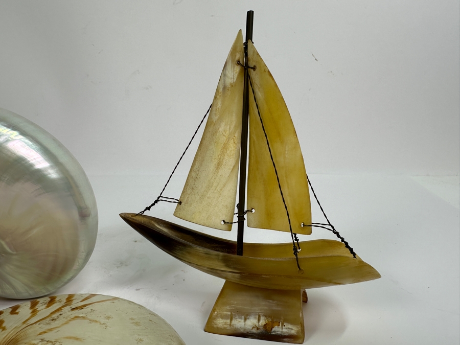 Pair Of Nautilus Seashells (One Bisected) And Horn Sailboat Sculpture 6.5H [Photo 4]