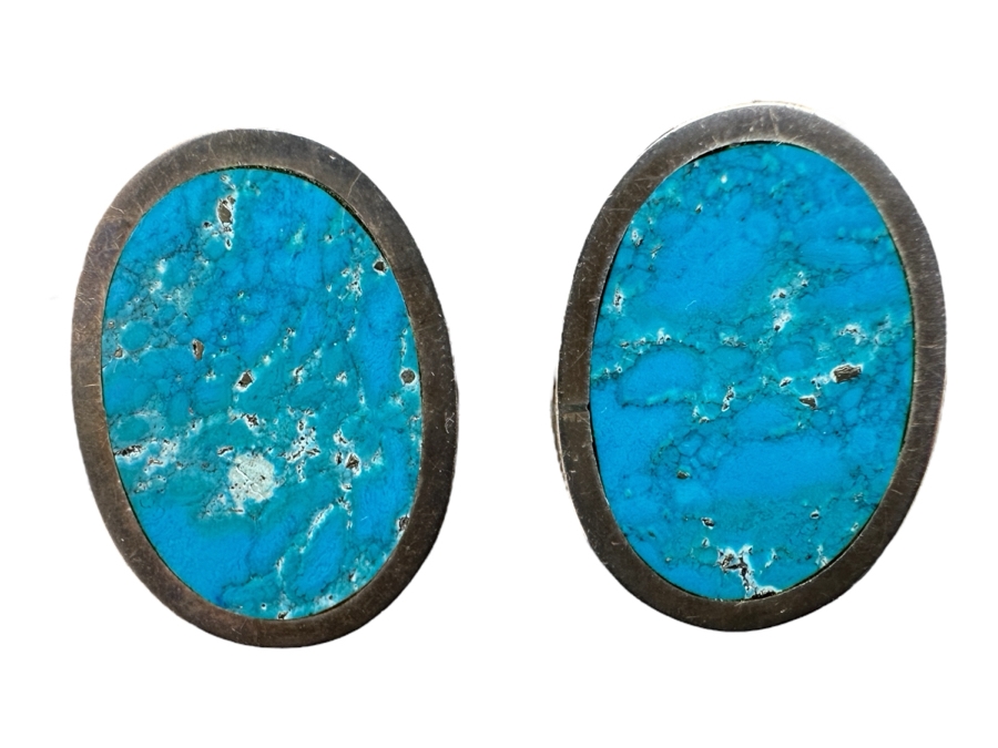 Vintage Sterling Silver Turquoise Clip On Earrings From Mexico 19.4g [Photo 1]