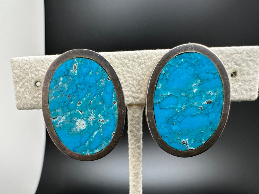Vintage Sterling Silver Turquoise Clip On Earrings From Mexico 19.4g [Photo 2]