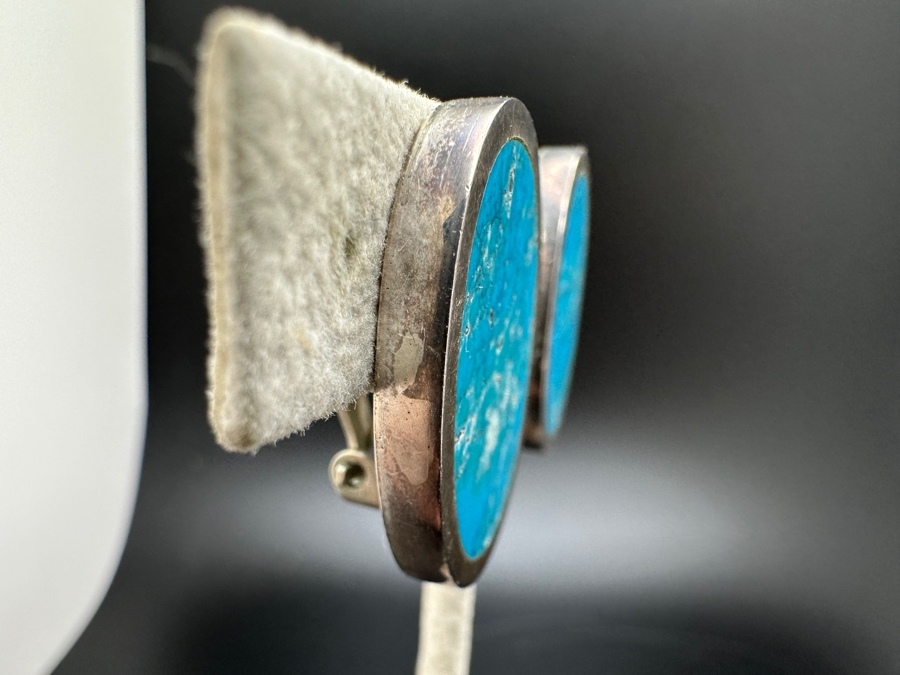 Vintage Sterling Silver Turquoise Clip On Earrings From Mexico 19.4g [Photo 3]