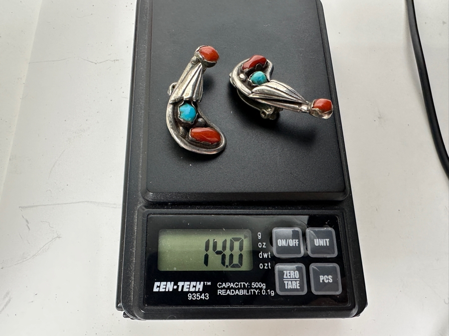 Vintage Sterling Silver Turquoise And Coral Clip On Earrings 14g [Photo 5]