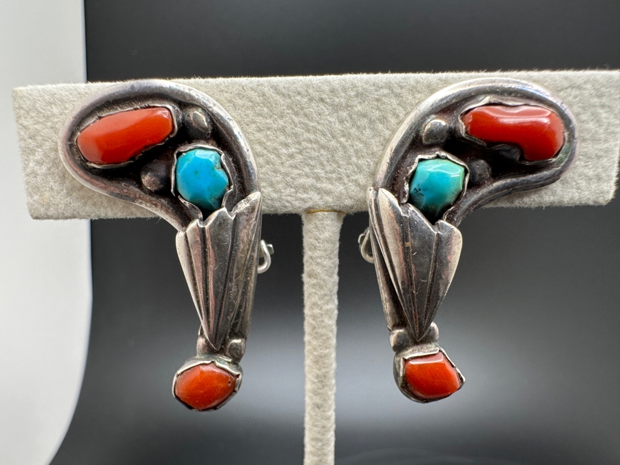 Vintage Sterling Silver Turquoise And Coral Clip On Earrings 14g [Photo 2]