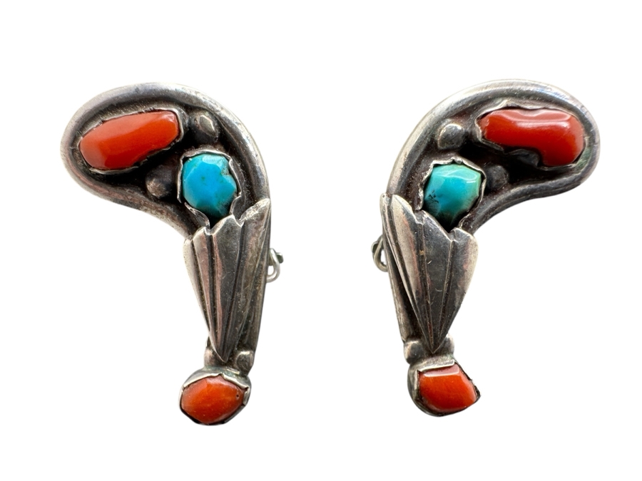Vintage Sterling Silver Turquoise And Coral Clip On Earrings 14g [Photo 1]