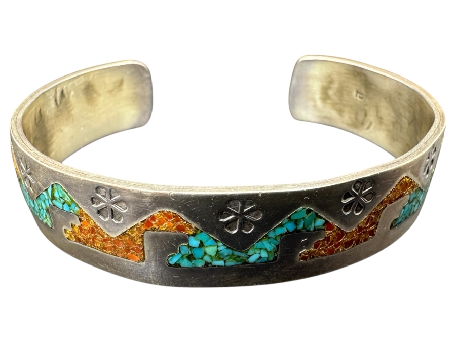 Signed Native American Sterling Silver With Inlaid Turquoise Coral Cuff Bracelet 2 3/8' 23.5g [Photo 1]
