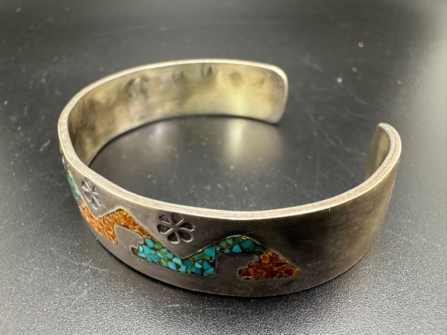 Signed Native American Sterling Silver With Inlaid Turquoise Coral Cuff Bracelet 2 3/8' 23.5g [Photo 3]