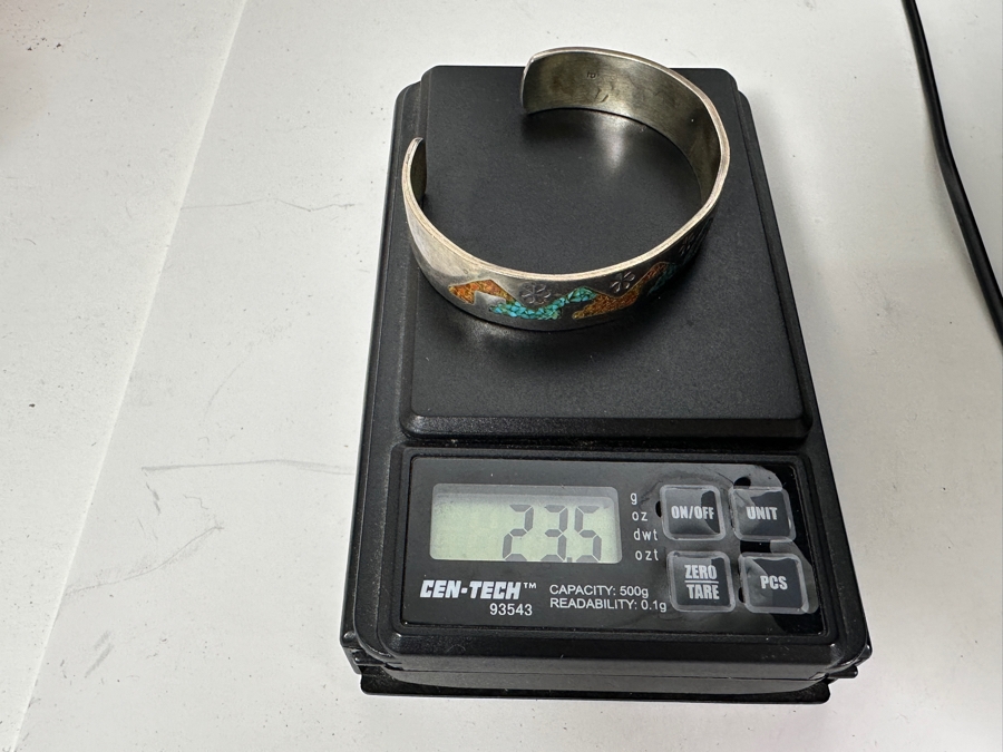 Signed Native American Sterling Silver With Inlaid Turquoise Coral Cuff Bracelet 2 3/8' 23.5g [Photo 6]