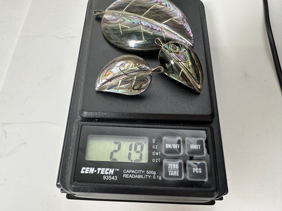 Stunning Sterling Silver / Inlaid Abalone Leaf Brooch Pin With Matching Clip On Earrings From Mexico 21.9g [Photo 10]