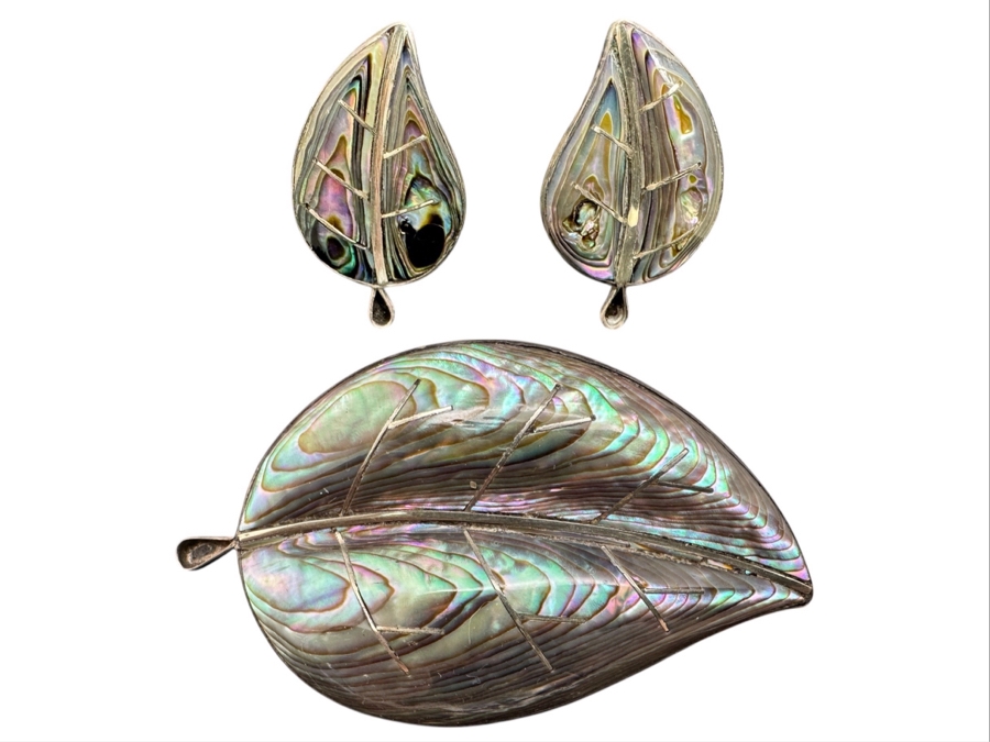 Stunning Sterling Silver / Inlaid Abalone Leaf Brooch Pin With Matching Clip On Earrings From Mexico 21.9g [Photo 1]