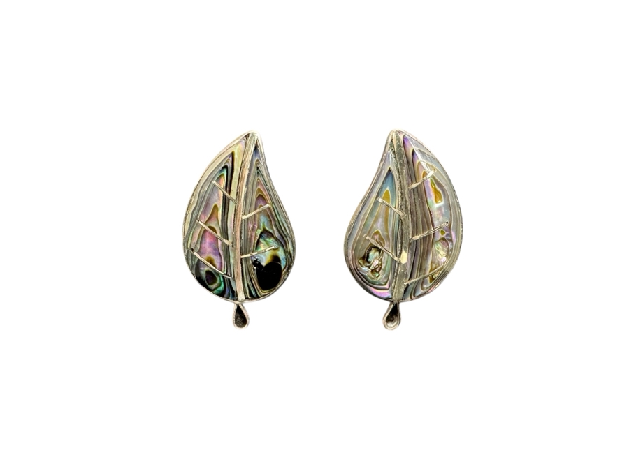 Stunning Sterling Silver / Inlaid Abalone Leaf Brooch Pin With Matching Clip On Earrings From Mexico 21.9g [Photo 3]
