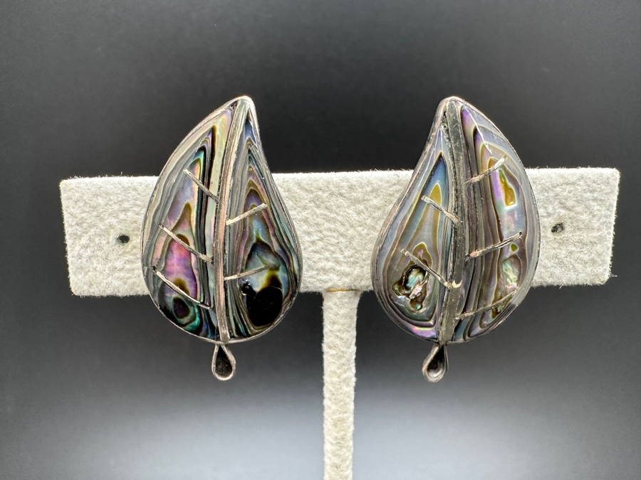 Stunning Sterling Silver / Inlaid Abalone Leaf Brooch Pin With Matching Clip On Earrings From Mexico 21.9g [Photo 4]