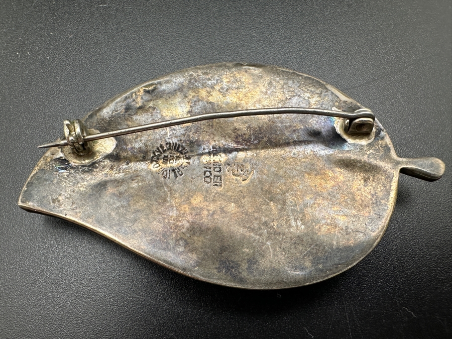 Stunning Sterling Silver / Inlaid Abalone Leaf Brooch Pin With Matching Clip On Earrings From Mexico 21.9g [Photo 8]