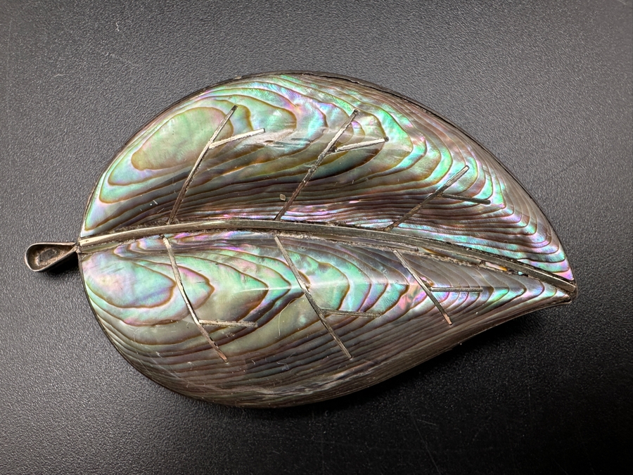 Stunning Sterling Silver / Inlaid Abalone Leaf Brooch Pin With Matching Clip On Earrings From Mexico 21.9g [Photo 7]