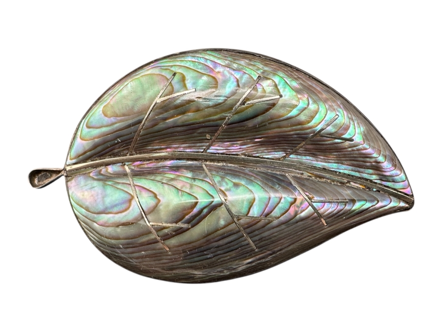 Stunning Sterling Silver / Inlaid Abalone Leaf Brooch Pin With Matching Clip On Earrings From Mexico 21.9g [Photo 2]