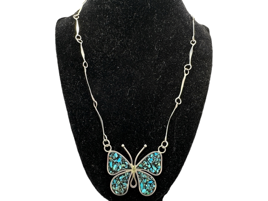 Vintage Sterling Silver / Turquoise Butterfly Pendant With 20' Sterling Silver Necklace 19.4g [Photo 1]