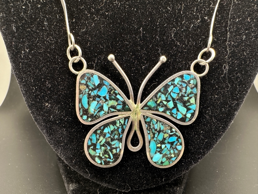 Vintage Sterling Silver / Turquoise Butterfly Pendant With 20' Sterling Silver Necklace 19.4g [Photo 2]