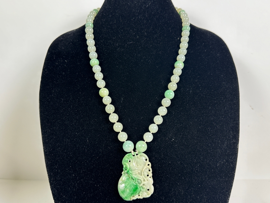 Stunning Vintage Chinese Carved Jade Pendant With Jade Beaded 26' Necklace And Silver Clasp 131g [Photo 13]