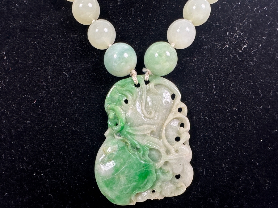 Stunning Vintage Chinese Carved Jade Pendant With Jade Beaded 26' Necklace And Silver Clasp 131g [Photo 14]