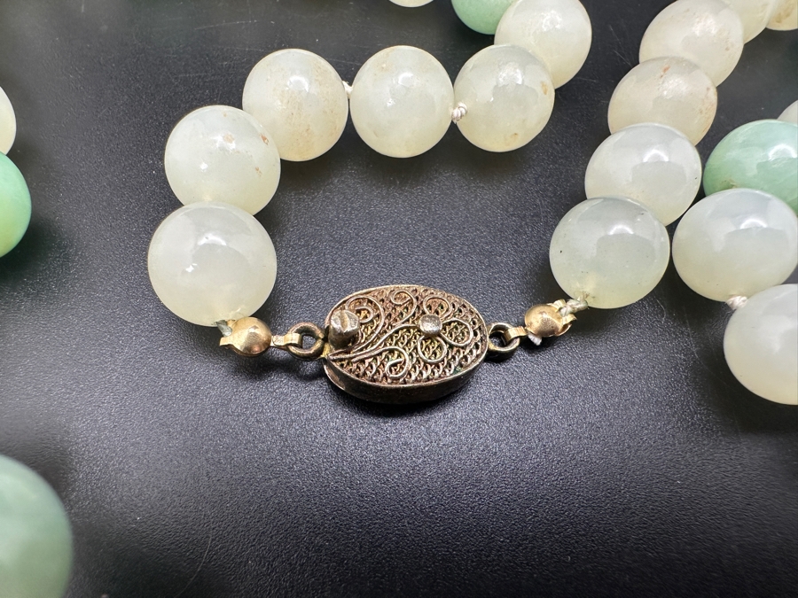 Stunning Vintage Chinese Carved Jade Pendant With Jade Beaded 26' Necklace And Silver Clasp 131g [Photo 10]
