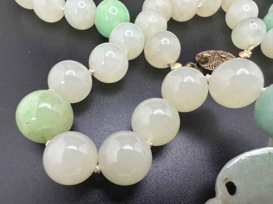 Stunning Vintage Chinese Carved Jade Pendant With Jade Beaded 26' Necklace And Silver Clasp 131g [Photo 6]