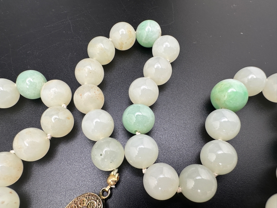 Stunning Vintage Chinese Carved Jade Pendant With Jade Beaded 26' Necklace And Silver Clasp 131g [Photo 8]
