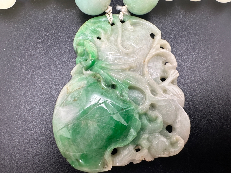 Stunning Vintage Chinese Carved Jade Pendant With Jade Beaded 26' Necklace And Silver Clasp 131g [Photo 4]