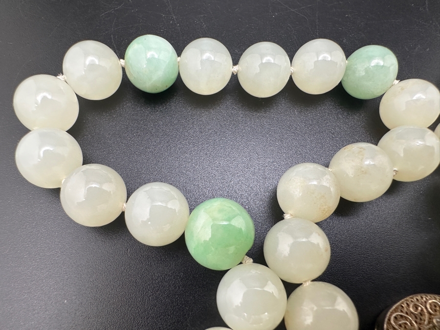 Stunning Vintage Chinese Carved Jade Pendant With Jade Beaded 26' Necklace And Silver Clasp 131g [Photo 7]
