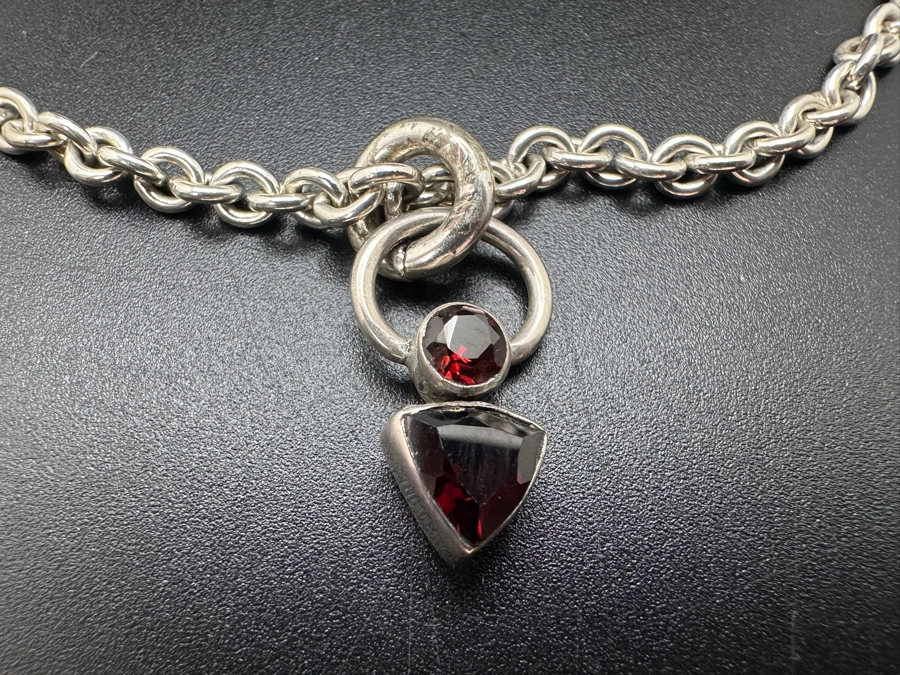 Sterling Silver 3.5' Bracelet With Sterling Garnet Pendant 7.5g [Photo 2]