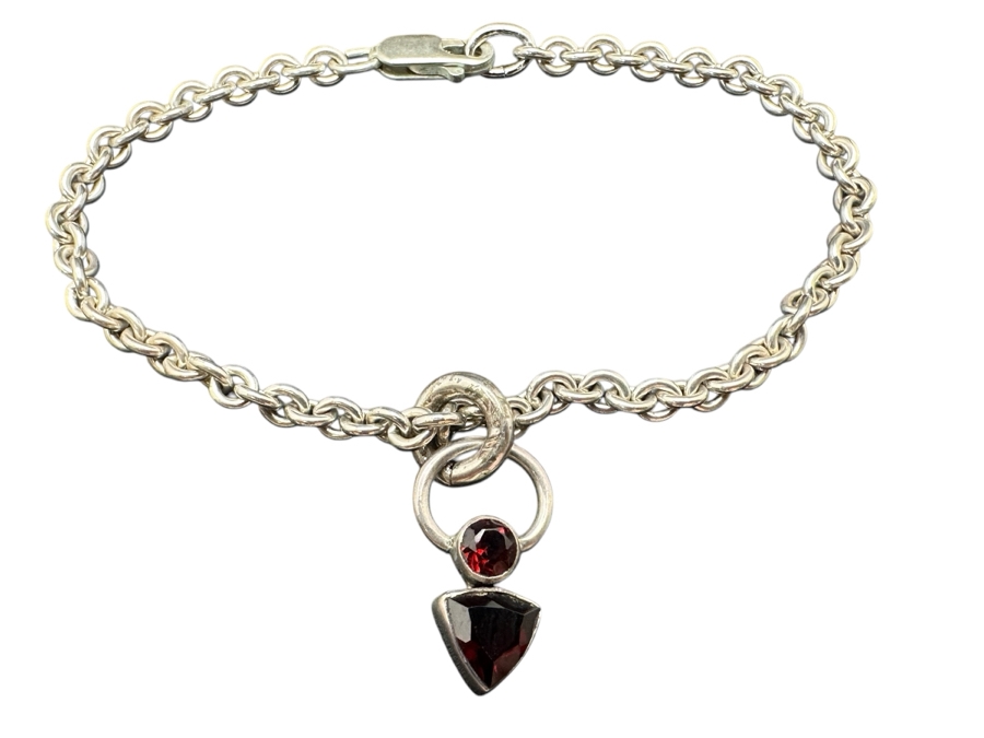 Sterling Silver 3.5' Bracelet With Sterling Garnet Pendant 7.5g [Photo 1]