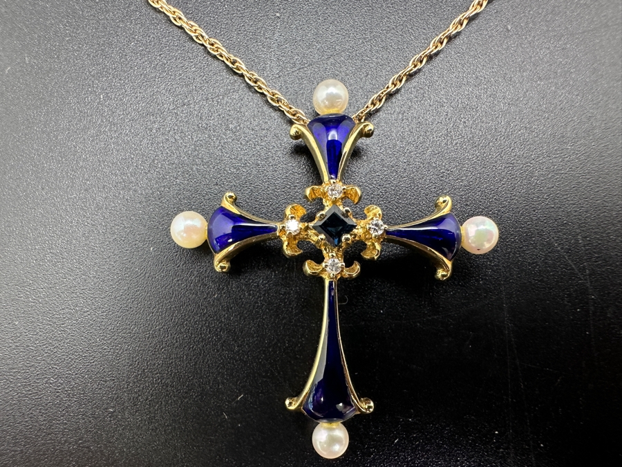 14K Gold Faberge Cross Pendant With Sapphire, Diamonds, Pearls And Enamel With 14K Gold Necklace 5.4g [Photo 2]