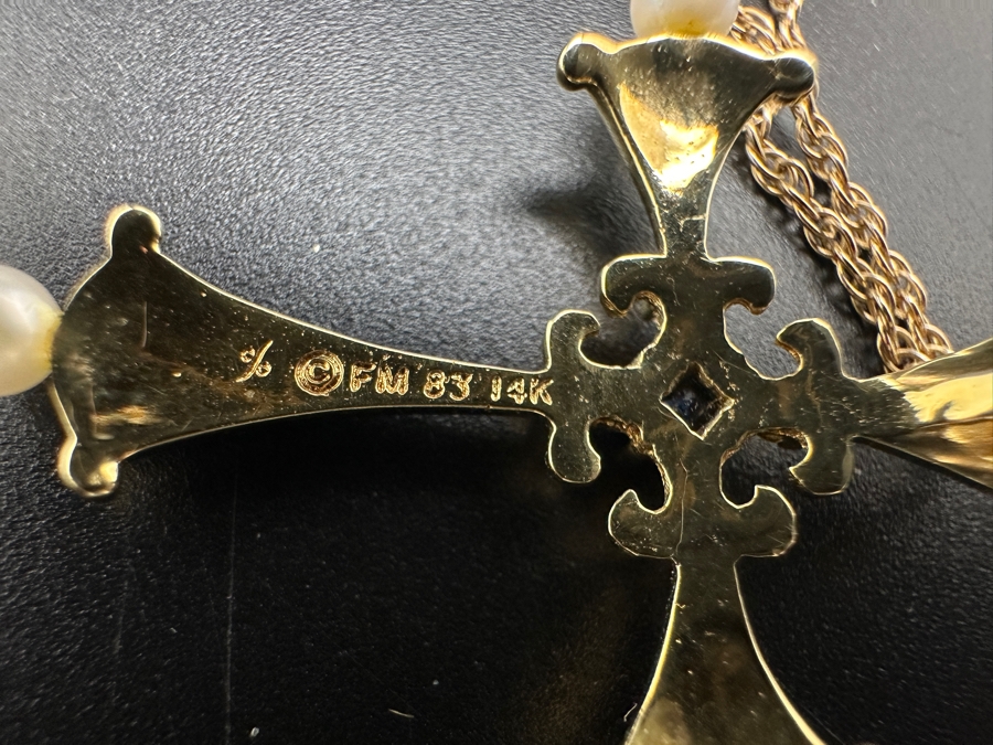 14K Gold Faberge Cross Pendant With Sapphire, Diamonds, Pearls And Enamel With 14K Gold Necklace 5.4g [Photo 10]