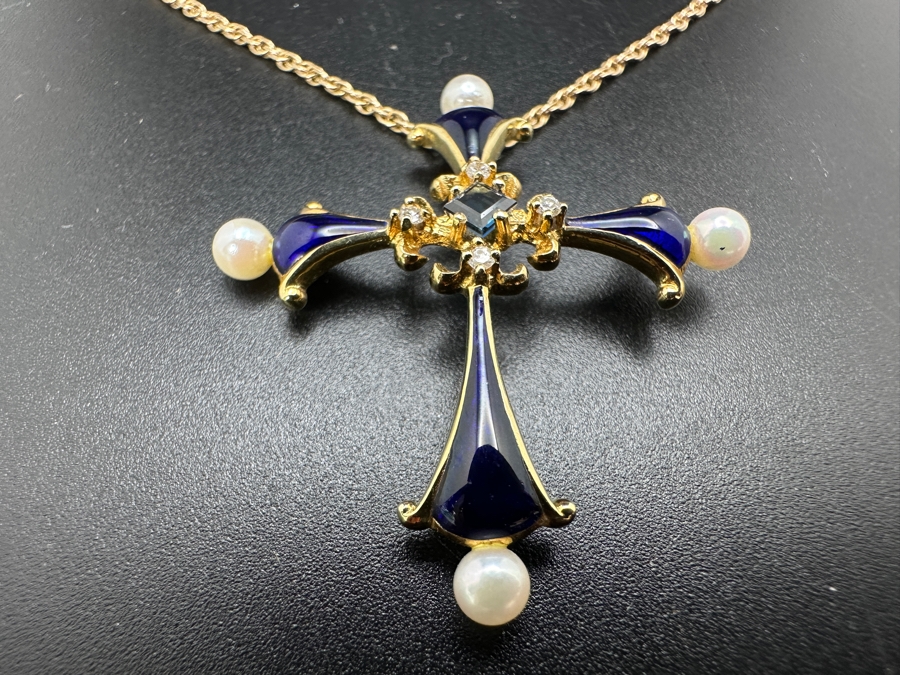 14K Gold Faberge Cross Pendant With Sapphire, Diamonds, Pearls And Enamel With 14K Gold Necklace 5.4g [Photo 6]
