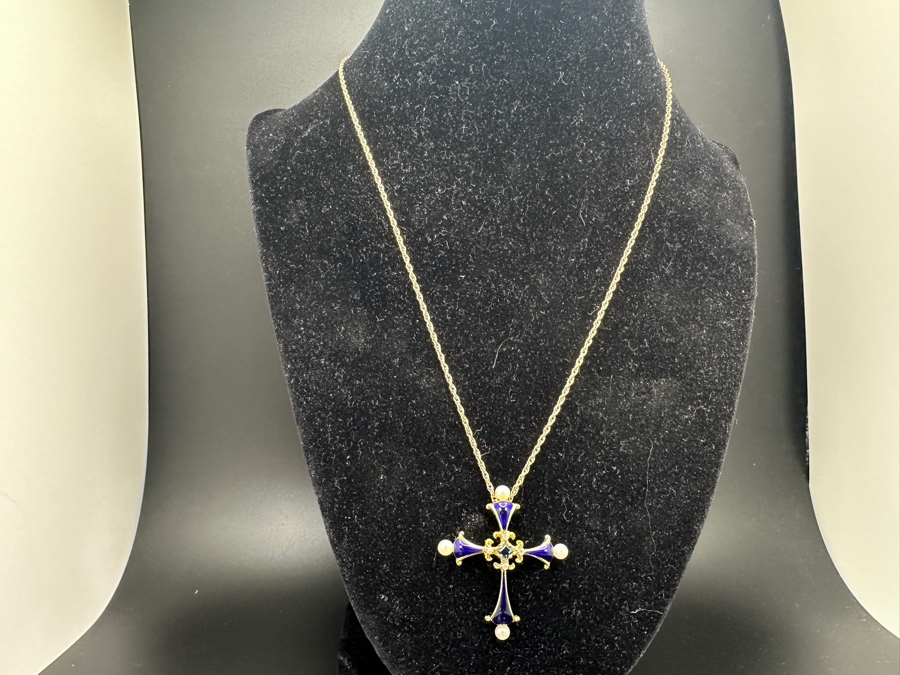 14K Gold Faberge Cross Pendant With Sapphire, Diamonds, Pearls And Enamel With 14K Gold Necklace 5.4g [Photo 12]