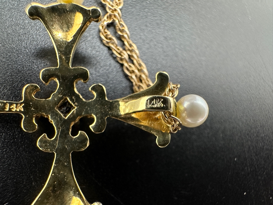 14K Gold Faberge Cross Pendant With Sapphire, Diamonds, Pearls And Enamel With 14K Gold Necklace 5.4g [Photo 8]