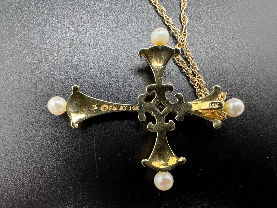 14K Gold Faberge Cross Pendant With Sapphire, Diamonds, Pearls And Enamel With 14K Gold Necklace 5.4g [Photo 7]