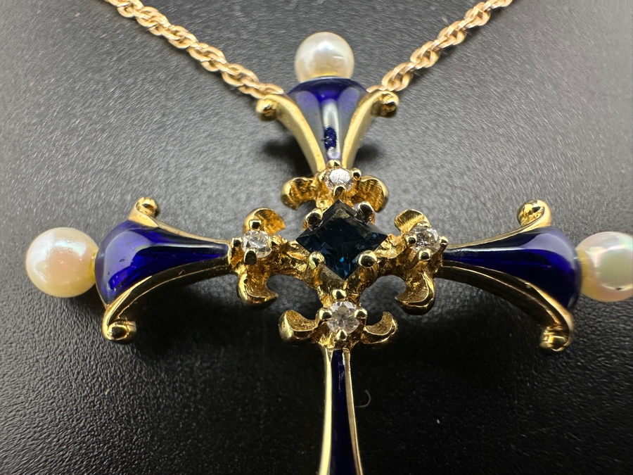 14K Gold Faberge Cross Pendant With Sapphire, Diamonds, Pearls And Enamel With 14K Gold Necklace 5.4g [Photo 4]