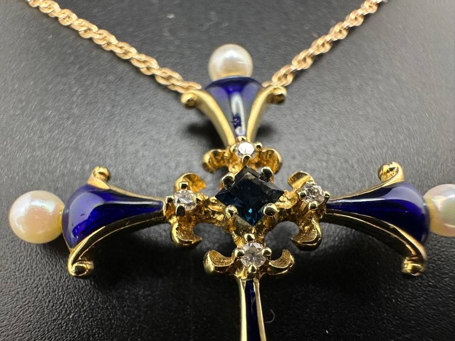 14K Gold Faberge Cross Pendant With Sapphire, Diamonds, Pearls And Enamel With 14K Gold Necklace 5.4g [Photo 5]