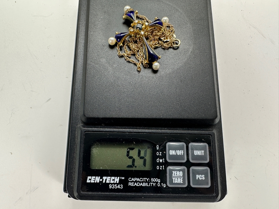 14K Gold Faberge Cross Pendant With Sapphire, Diamonds, Pearls And Enamel With 14K Gold Necklace 5.4g [Photo 14]