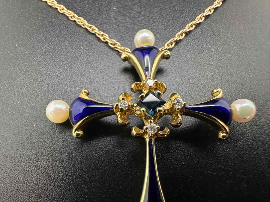 14K Gold Faberge Cross Pendant With Sapphire, Diamonds, Pearls And Enamel With 14K Gold Necklace 5.4g [Photo 3]