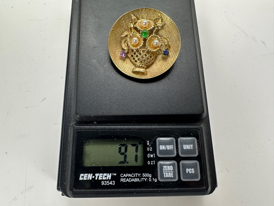 Vintage 14K Gold Flower Basket Brooch Pin With Various Stones And Pearls 9.7g [Photo 7]