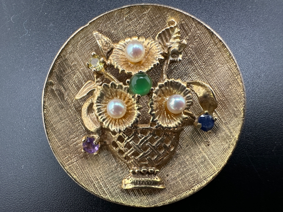 Vintage 14K Gold Flower Basket Brooch Pin With Various Stones And Pearls 9.7g [Photo 2]