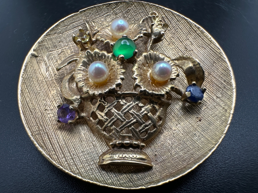 Vintage 14K Gold Flower Basket Brooch Pin With Various Stones And Pearls 9.7g [Photo 4]