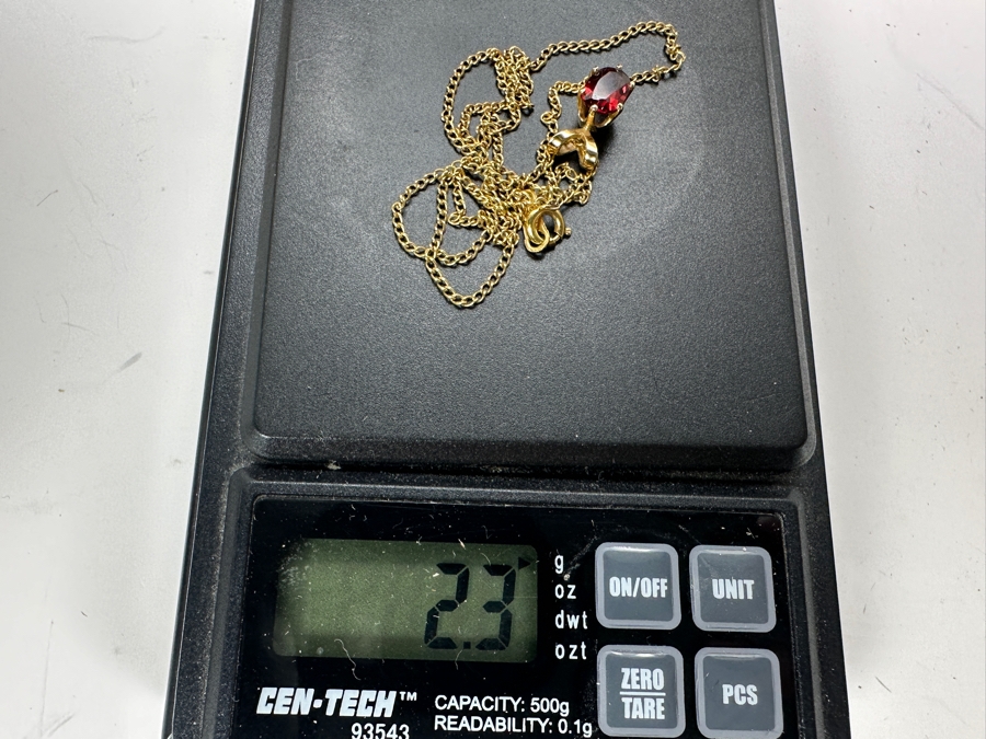 14K Gold 16' Necklace With 14K Gold Garnet Pendant 2.3g [Photo 9]