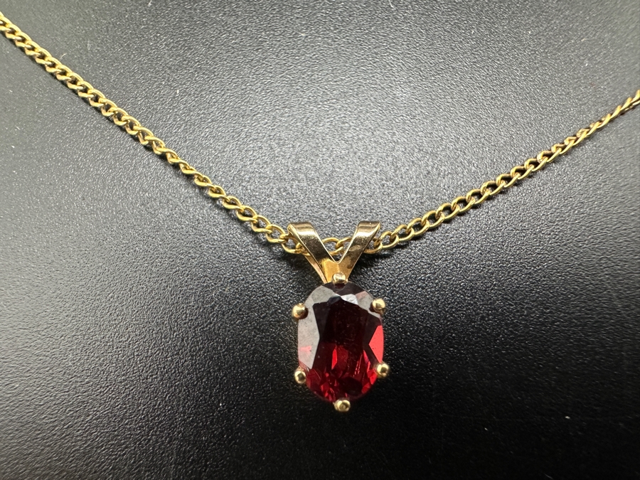 14K Gold 16' Necklace With 14K Gold Garnet Pendant 2.3g [Photo 3]