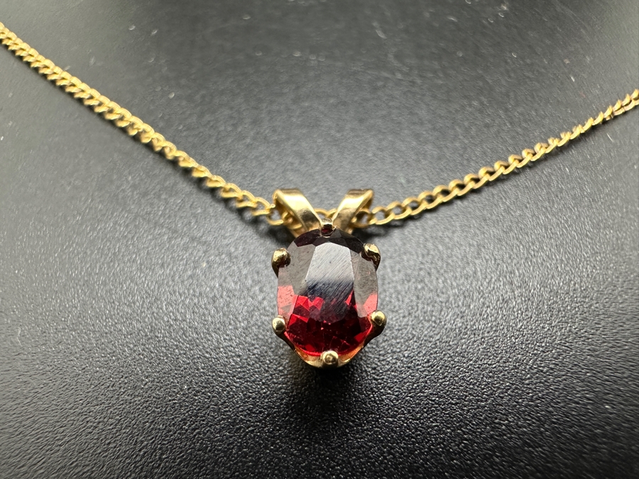 14K Gold 16' Necklace With 14K Gold Garnet Pendant 2.3g [Photo 4]