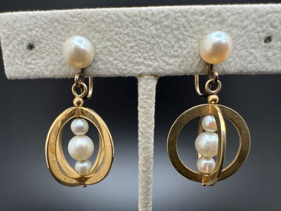 14K Gold & Pearl / 10K Screw Back Clip On Earrings 7.1g [Photo 2]