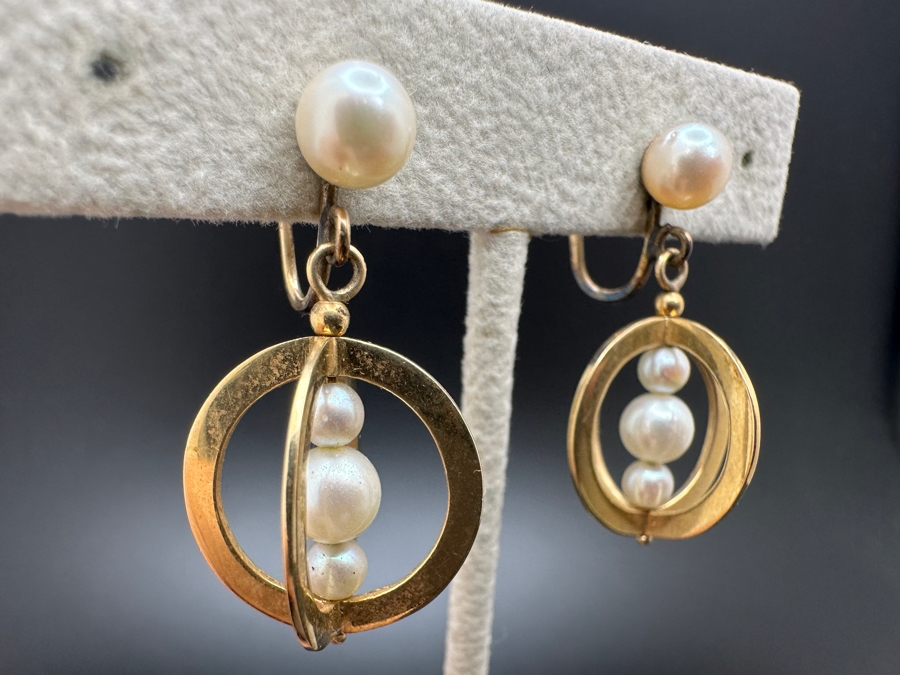 14K Gold & Pearl / 10K Screw Back Clip On Earrings 7.1g [Photo 3]
