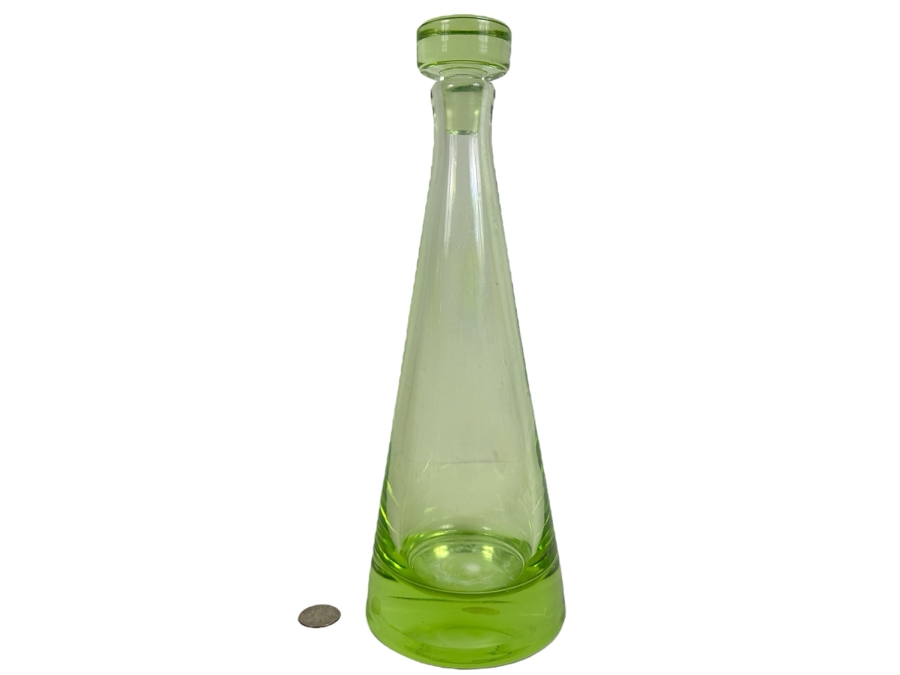 Vintage Mid-Century Modern Green Glass Bottle With Stopper Made In Sweden 13H [Photo 1]